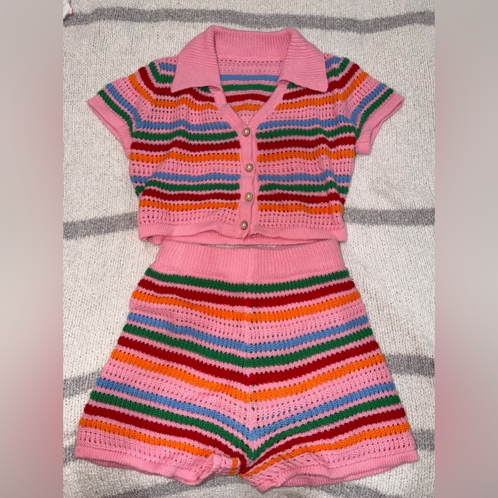 Pink Multicolor Crochet Knit Two-Piece Set